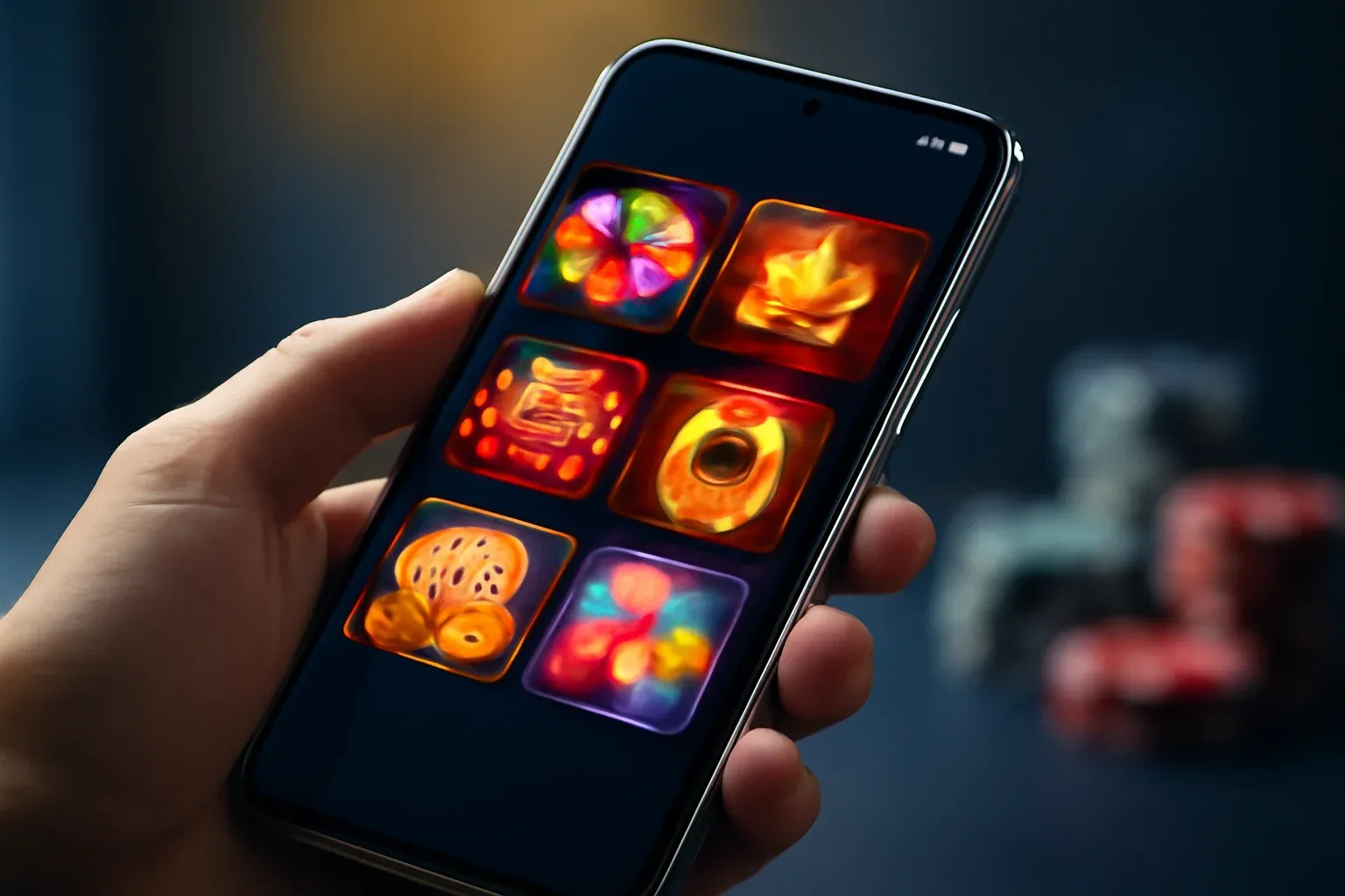 Flagship Android smartphone showing vivid casino app interface in dramatic lighting