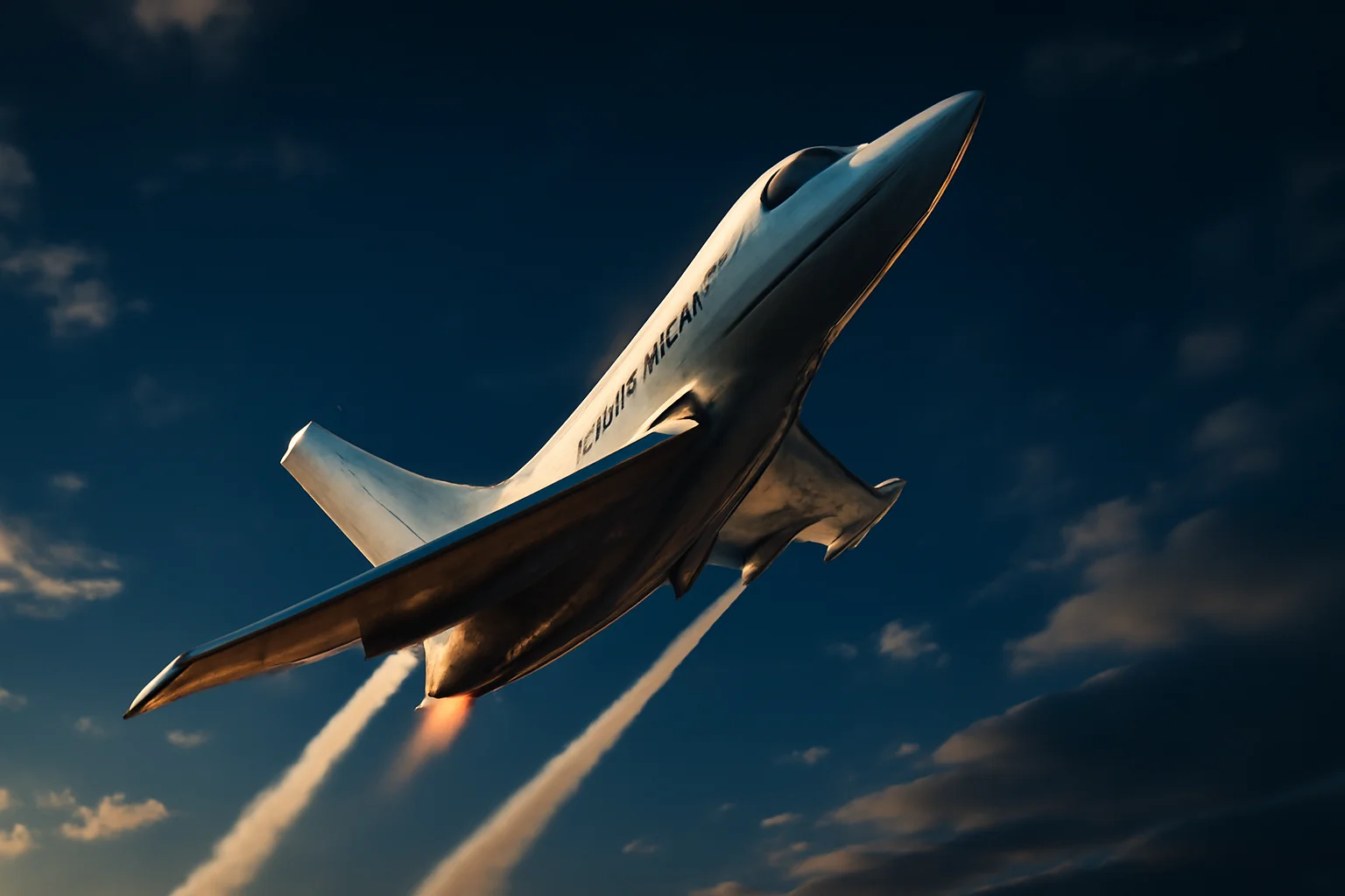 Hyperrealistic white jet aircraft climbing steeply in dramatic blue sky