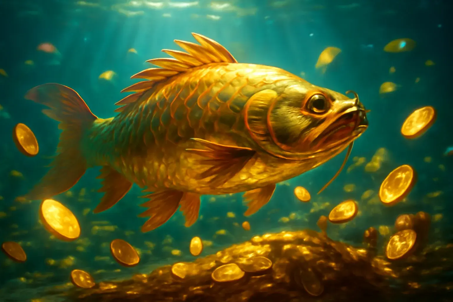 Massive golden dragon fish underwater with glowing coins and treasure