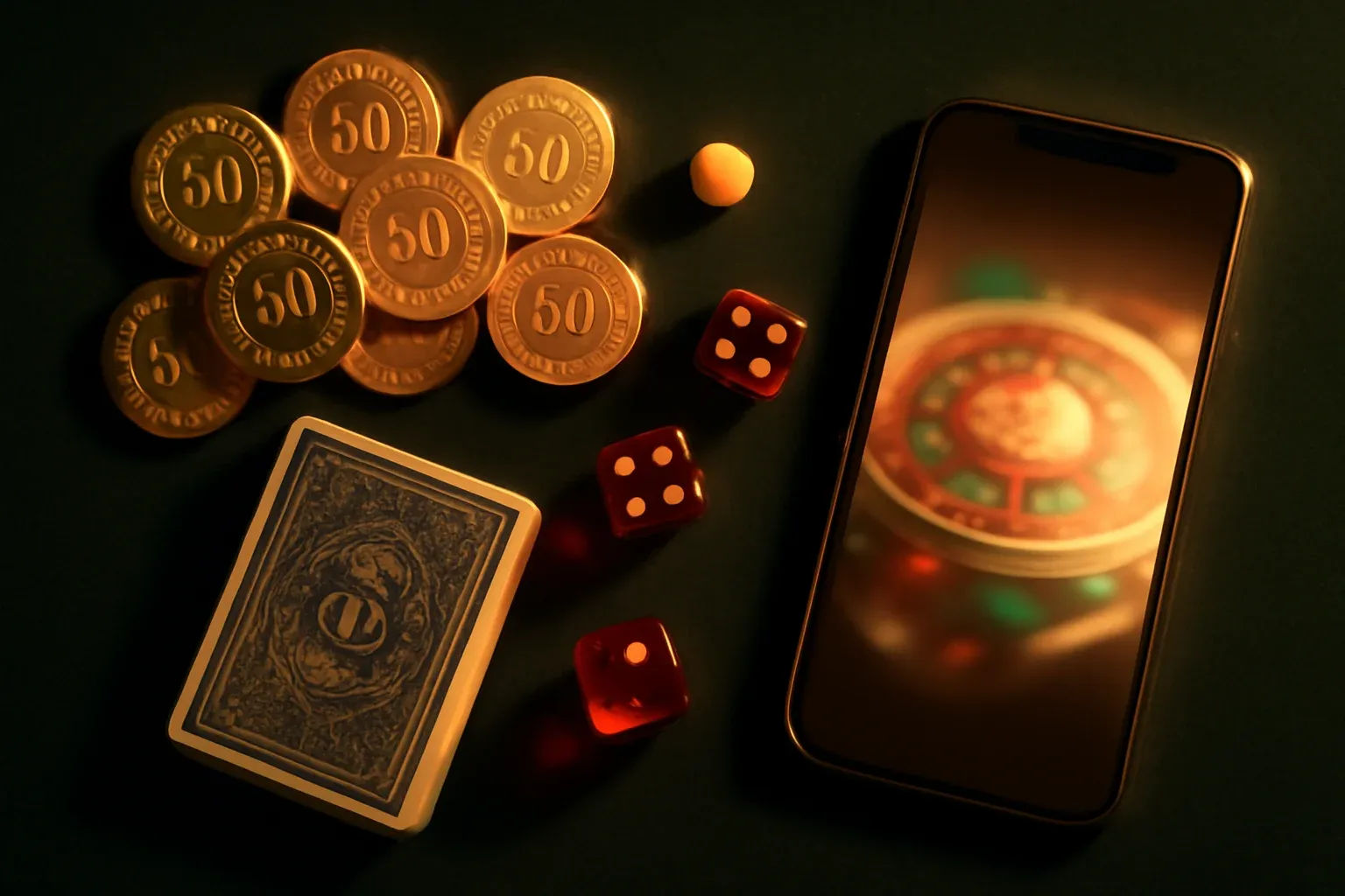 Top-down premium casino table with gold chips, cards, dice, roulette ball