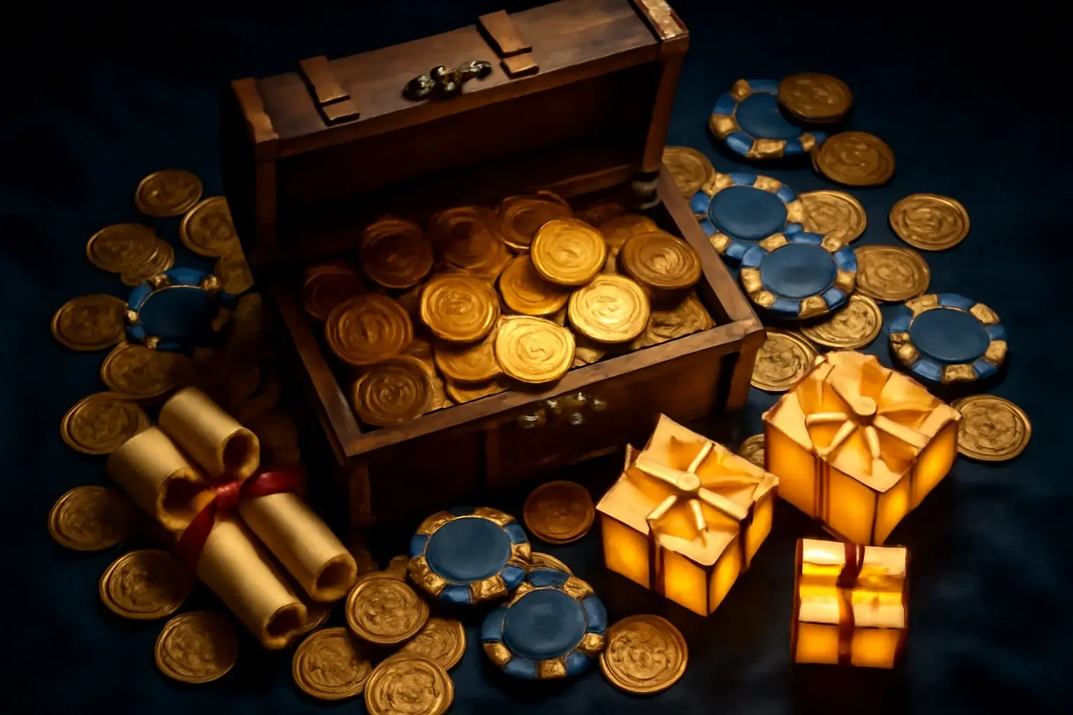 Overflowing treasure chest with gold coins, casino chips, vouchers, and gift boxes