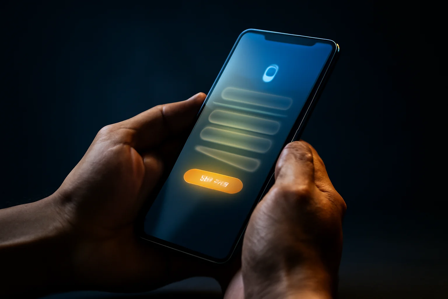 Filipino man's hands holding smartphone with glowing registration interface