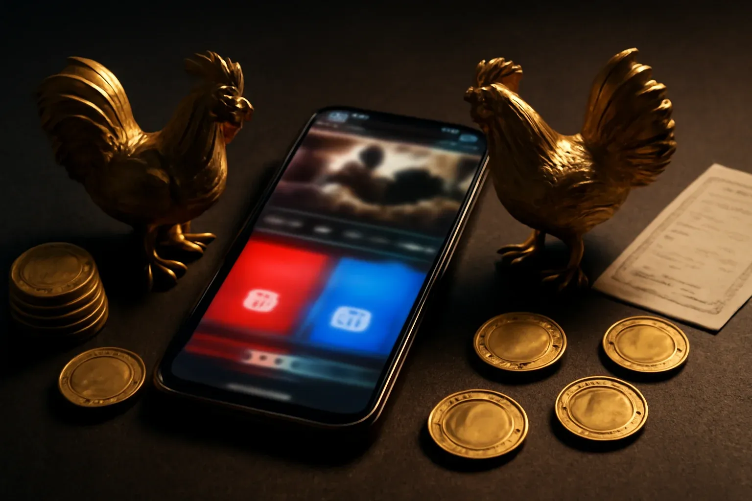 Smartphone with sabong betting interface, golden roosters, coins, and chips