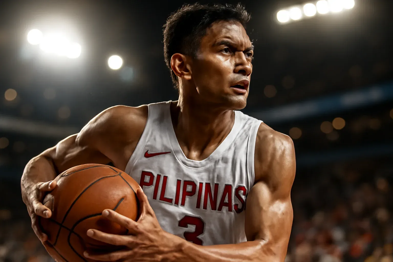 Filipino PBA basketball player mid-air driving powerfully toward the basket